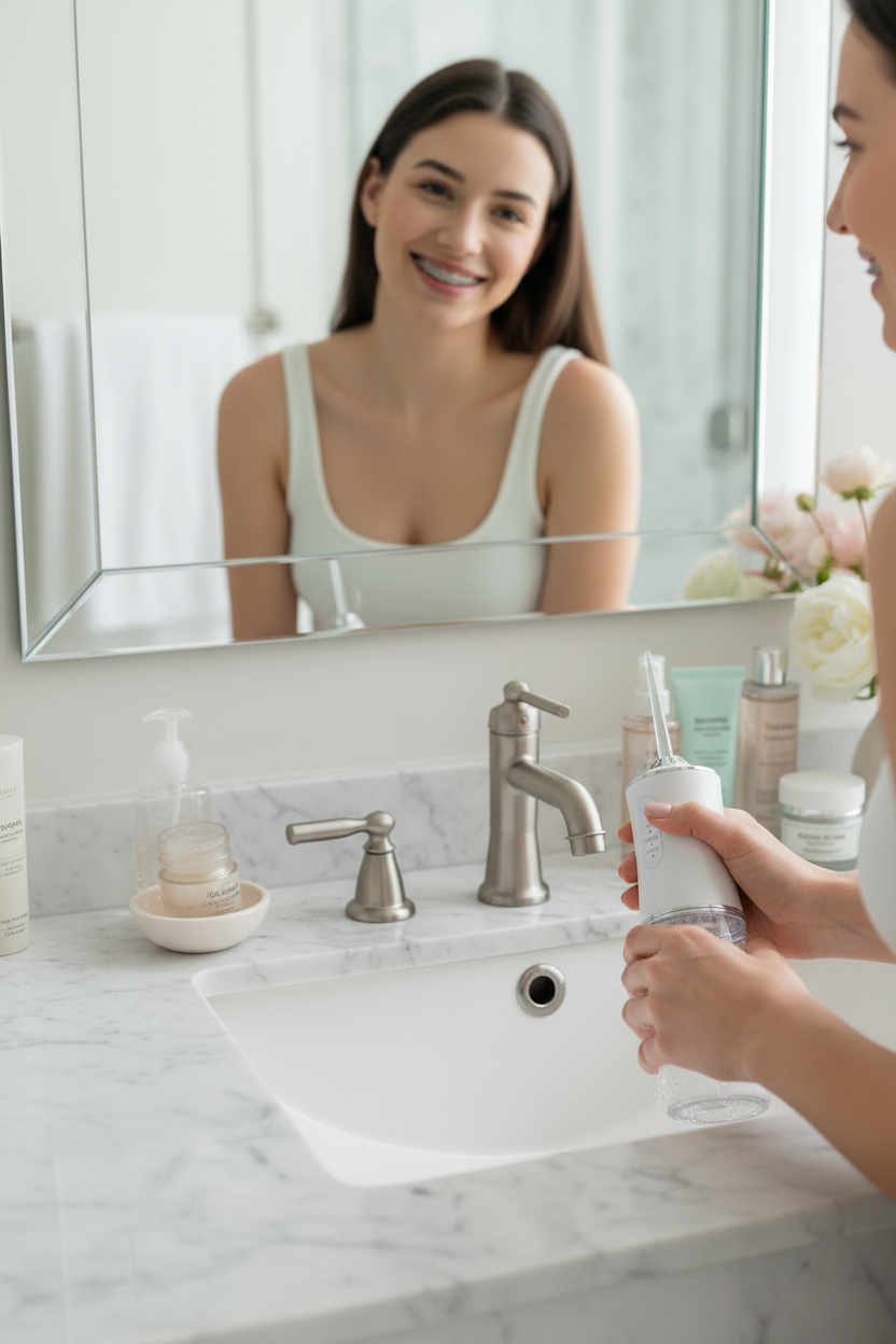 Jeune femme appareil dentaire miroir